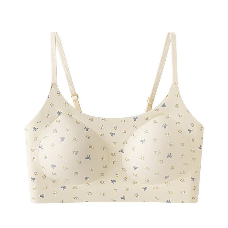 Women Seamless French Floral Gathered Wireless Fixed Cup Back Support Bra