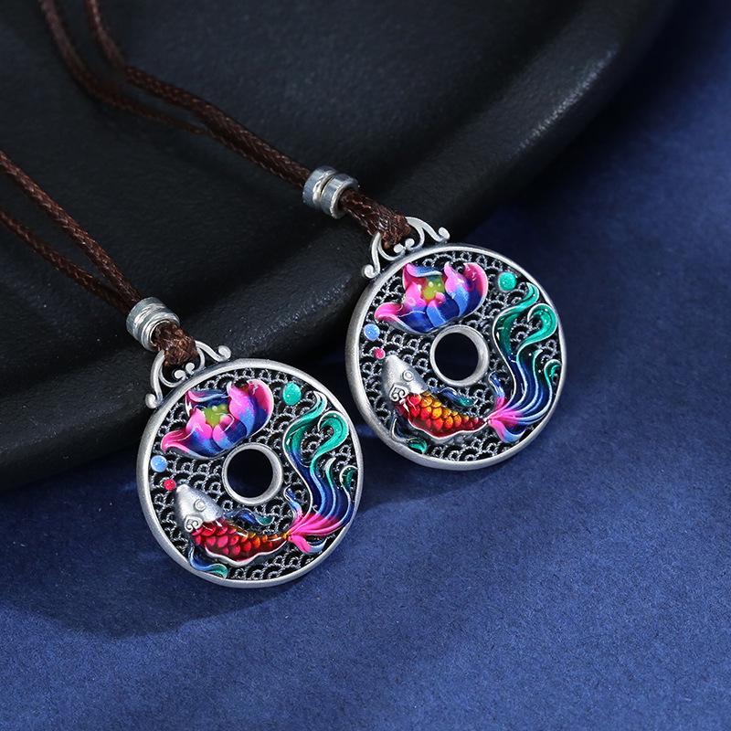 Enamel Lotus Fish Hollow Filigree 999 Sterling Silver Pendant Necklace