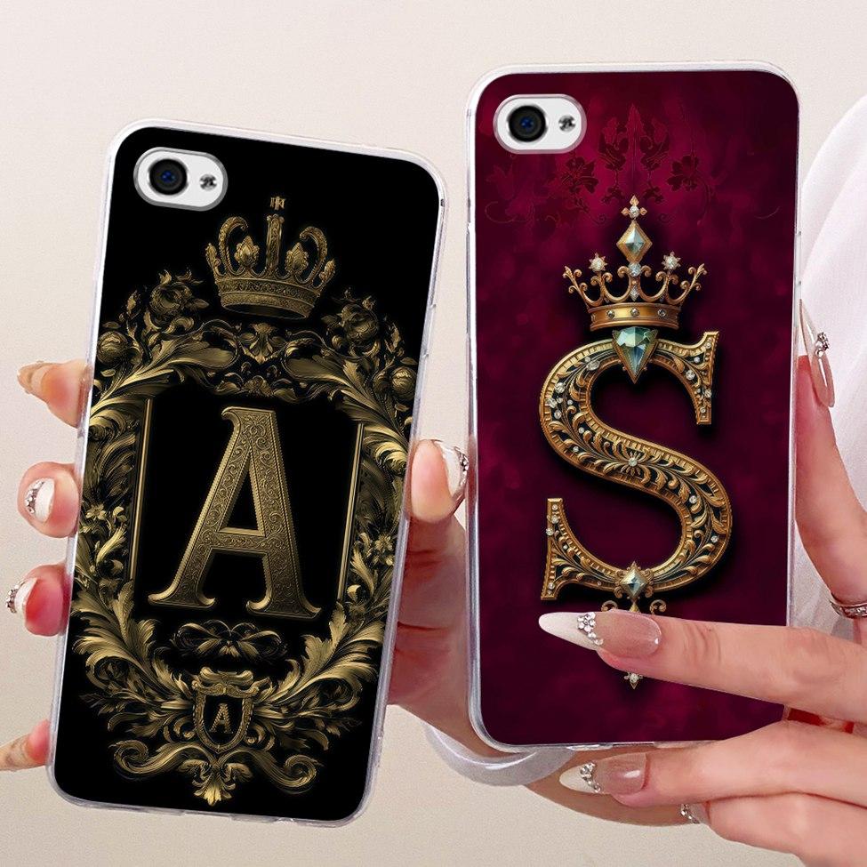 For iPhone 4 Case Transparent Luxury Crown A-Z Letters 2D Flat Pattern Soft Phone Case For iPhone A1349 A1332