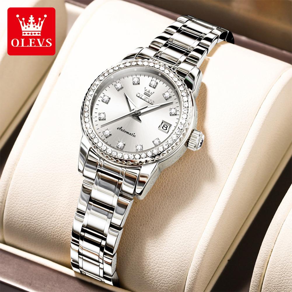OLEVS 7003 Mechanische Damen-Kleideruhr Luxus Diamant Zifferblatt Kalender Wasserdicht Leuchtend Damen Armband Armbanduhr Elegant