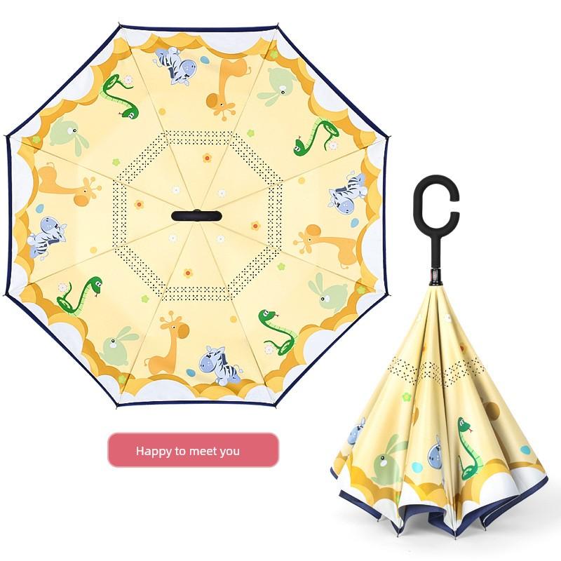 Freihändig umkehrbarer doppelwandiger Regenschirm für Kinder, geeignet für die Schule, bei Regen oder Sonnenschein, Schülerregenschirm, Cartoon-Design, gerader Griff, Sonne