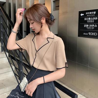Korean Version of Contrasting Color Edge Lapel Button Knit Cardigan Small Jacket Summer Short Sleeved Top Air-conditioned Shirt Women
