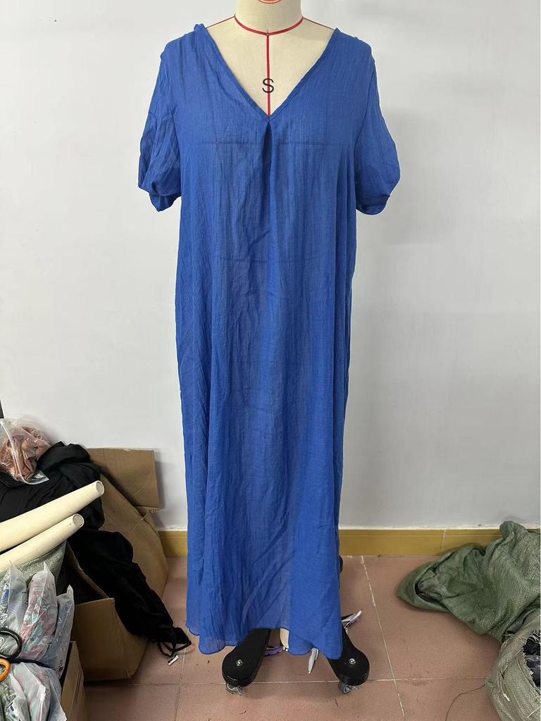 2025 Casual Spring/Summer V-Neck Solid Color Cotton Linen Short Sleeve Dress