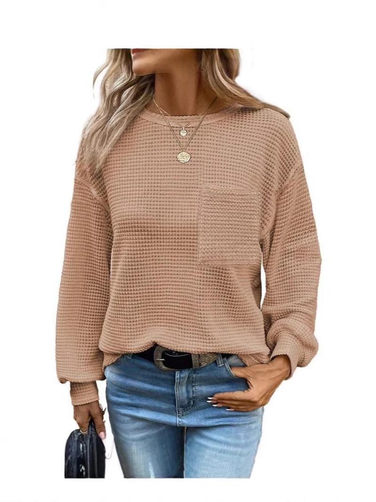2026 Waffle Knit Round Neck Pocket Casual Loose T-shirt - TikTok Trendy