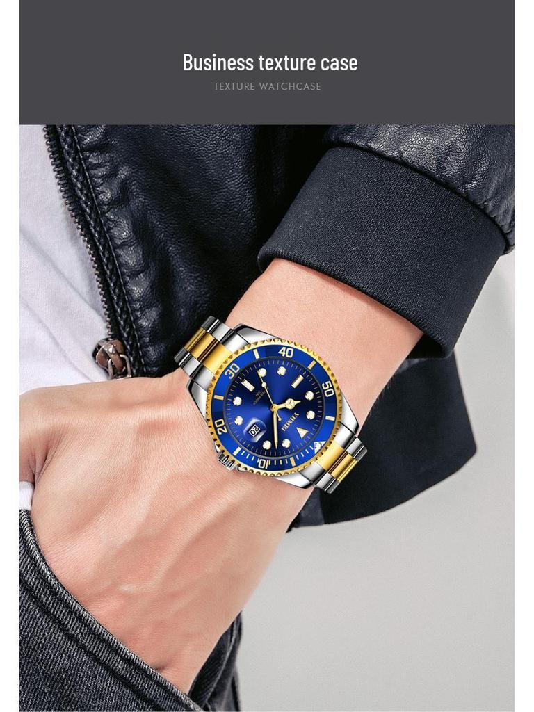 Men's Business Series Stainless Steel Watch with Calendar & Rotatable Bezel - Waterproof Quartz Dial