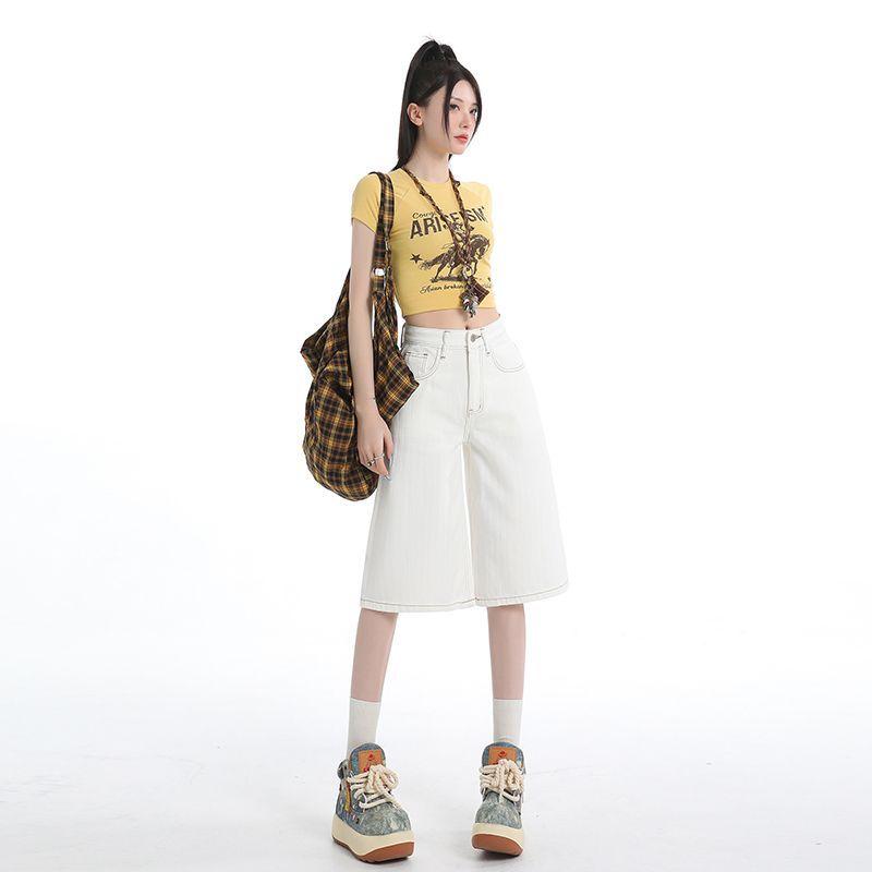 Fashion Striped High Waist Loose Wide Leg Straight Five Points Cropped Capri Denim Pants For Women Versatile Slimming FigureFlattering Design