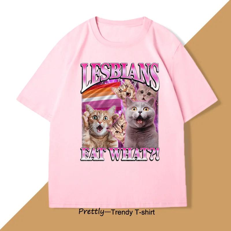 Lesben essen was T-Shirt Lustige Katze Pride T-Shirt LGBTQ T-Shirt Meme Vintage Katzenliebhaber T-Shirt Rundhals Damen Kurzarm T-Shirts