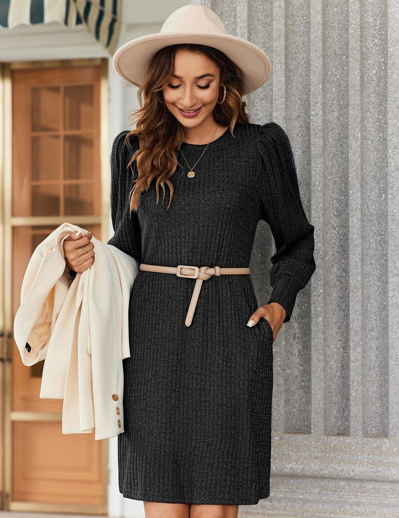European & American Fashion Knitted Puff Sleeve Dress - Women's Autumn/Winter Casual Loose Fit with Pockets