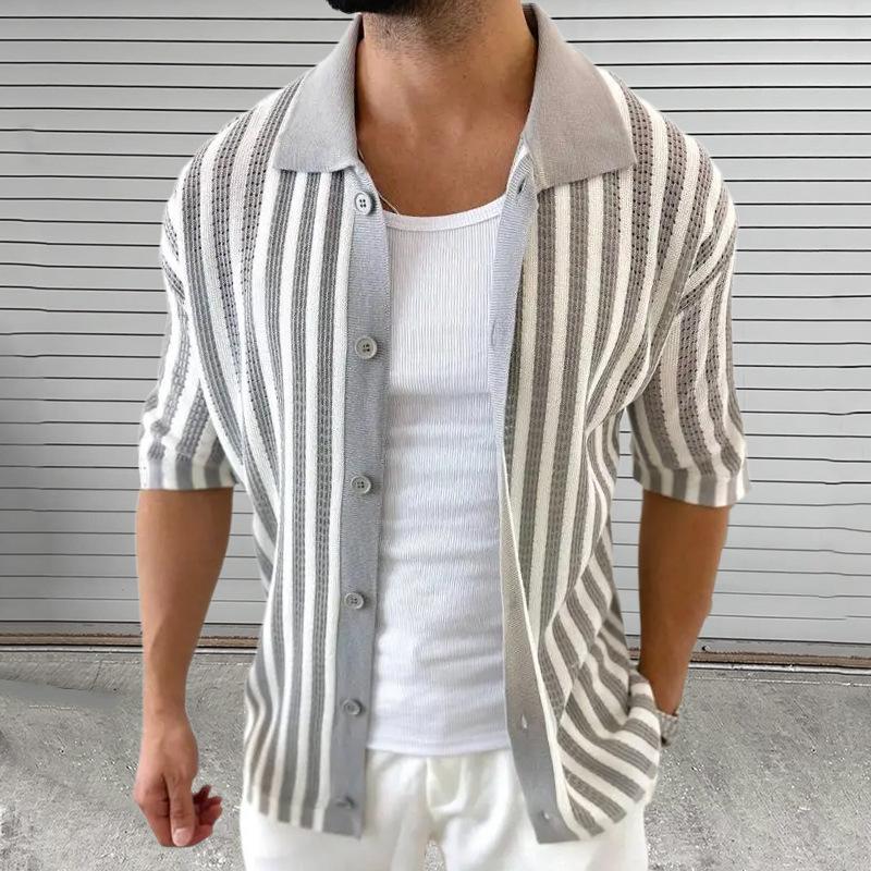 European American Striped Color Block Collared Short Sleeve Plus Size Knit Cardigan M серый