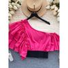 2024 European Shirt Best Selling Stylish One-Shoulder Cold-Shoulder Sweet Fungus Ruffle Sleeve Short Shirt Women's Blouse