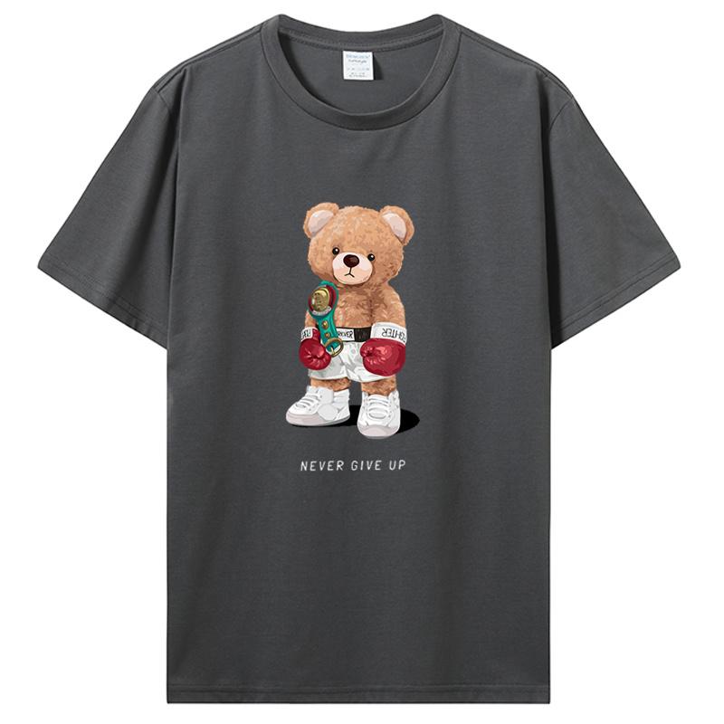 Strong Boxer Teddy Bear Never Give Up Print Men T-shirt Summer Short Sleeve Cotton Basic Tops Tees TShirt Streetwear Clothes