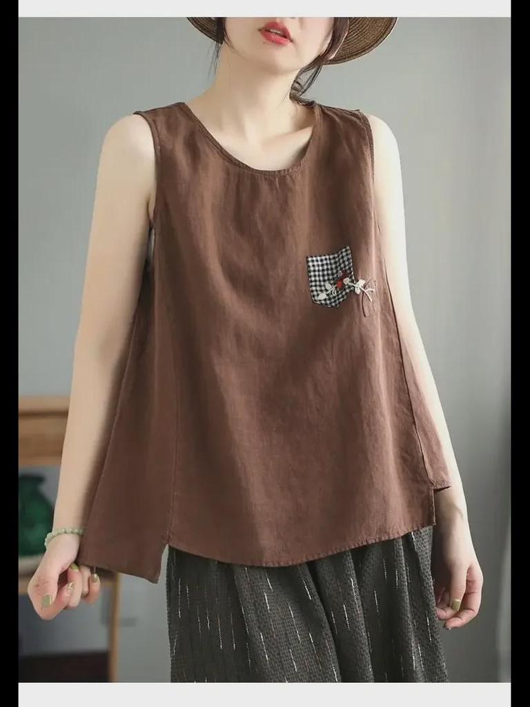 Camisola extragrande de algodón y lino para mujer: Top retro sin mangas versátil para el verano