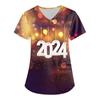 Women's Fashion 2024 New Year Printed Short Sleeve V Neck Pattern Tops Pocket Working T-shirts
