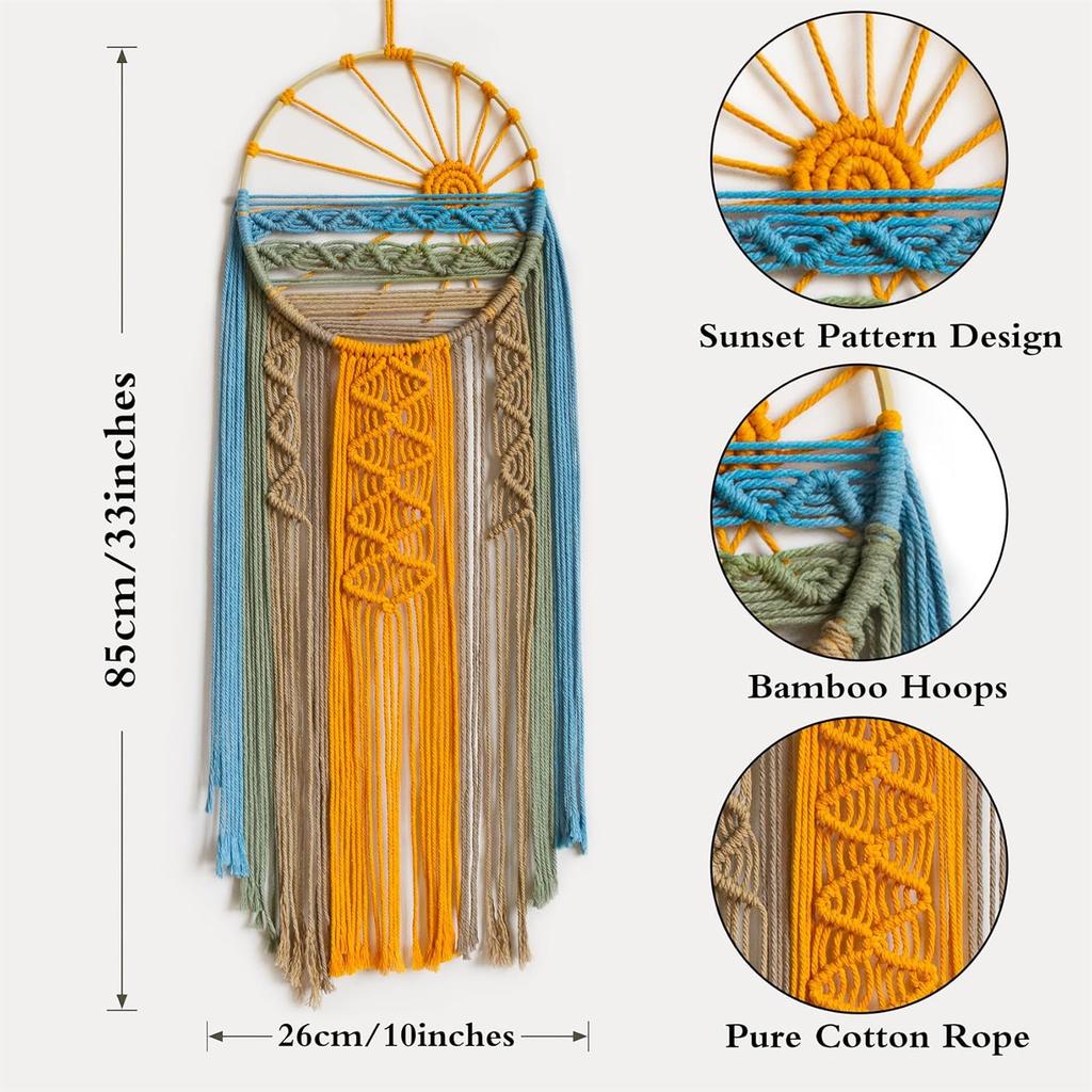 LB Macrame Wall Hanging Boho Macrame Wall Decor, Sunset Wall Art Dream Catcher Hand Woven Wall Art Boho Colorful Sun Tapestry for Bedroom Living Room