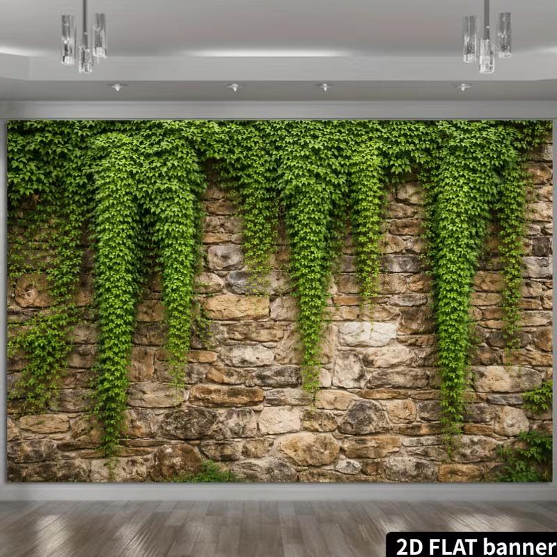 2D Vintage Brick Wall with Green Vines Backdrop Natural Scenery Photo Booth