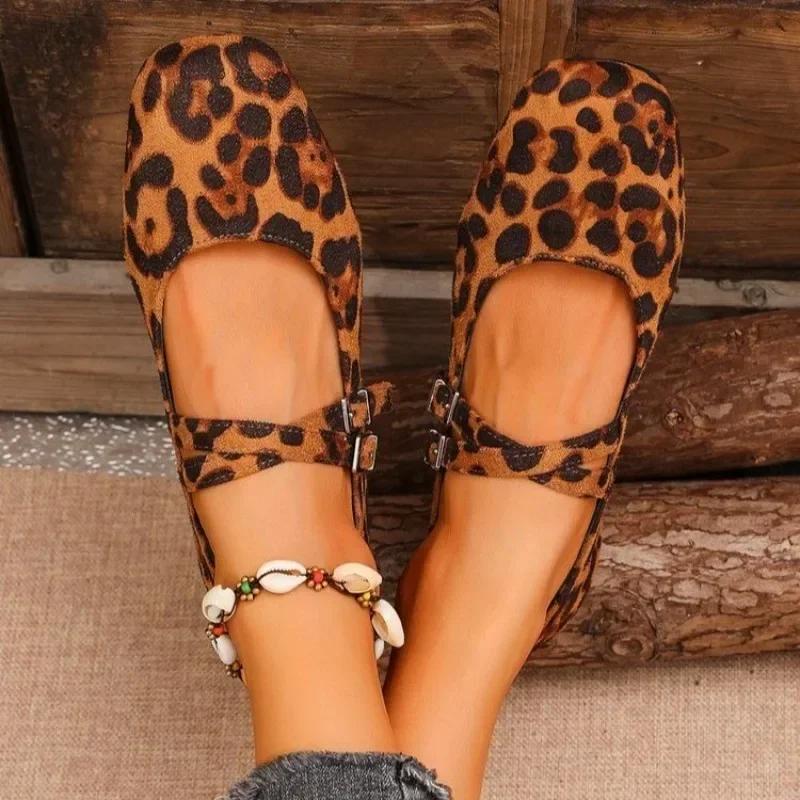 Buckle Strap Mary Jane Ballet Flats Women Shoes Shallow Casual Leopard Print Comfortable Square Toe Flat Shoes for Women Zapatos