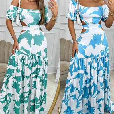 Summer Women's Dress Fashion Printed Temperament One Shoulder High Waist Hollow Out Ruffle Dress