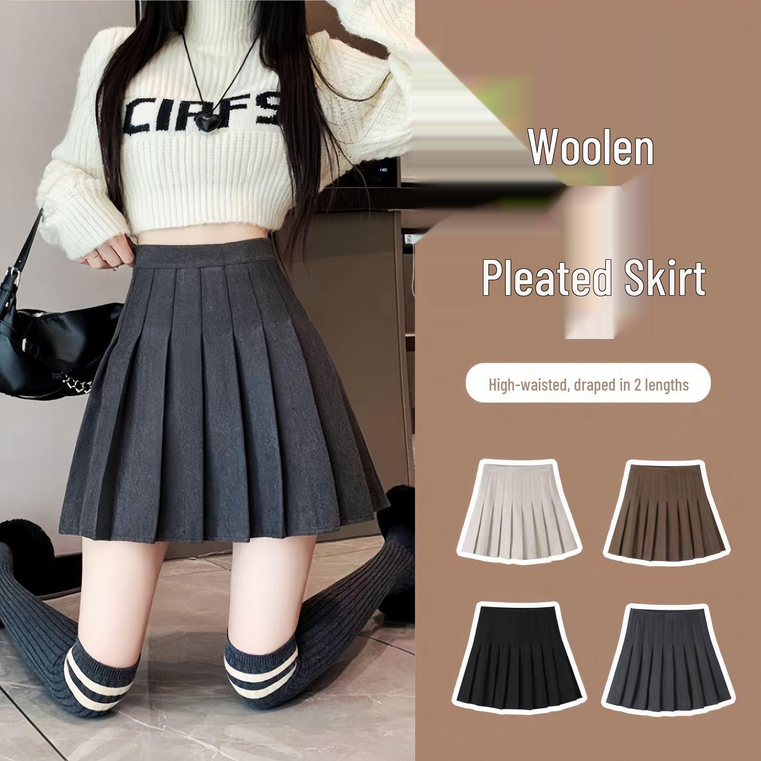 

High-Waisted Plus Size Woolen A-Line Short Skirt - Autumn/Winter Pleated Petite School JK Style Medium