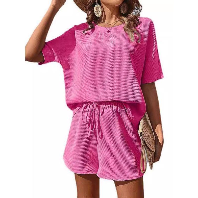 round Neck T-shirt Loose Shorts Set Pure Color Crew Neck T-shirt Loose Shorts Suit