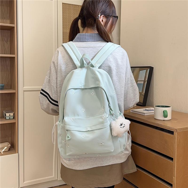 Cute Floral Embroidered Nylon Backpack for Women & Teens – Pastel Green Design with Multiple Pockets, Perfect for School and Daily Use