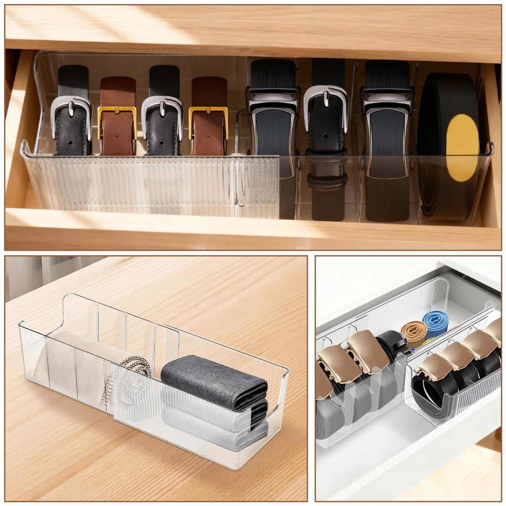 2Pcs Belt Organizer Boxes PET Transparent Belt Storage Holder with Removable Dividers 4 Grid Extendable Belt Container for Home