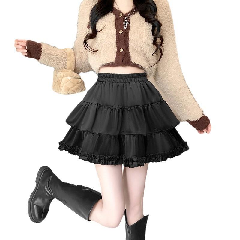 Women's Slimming Velvet Double Layer A-line Skirt with High Waist and Puffy Cake Design for Spring and Autumn.