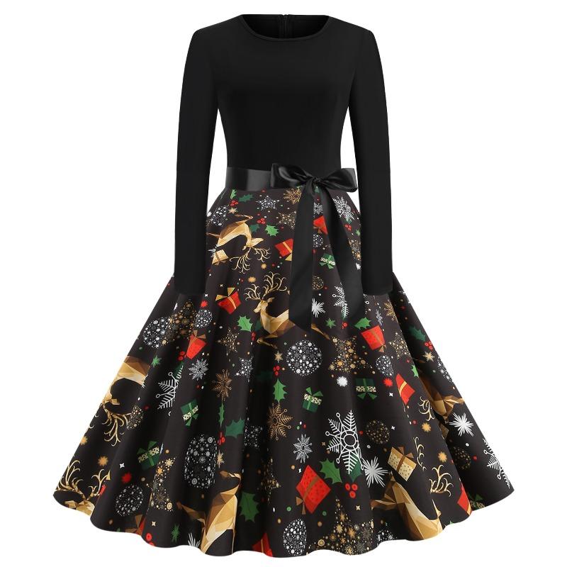 IHUASU Fashion Spring Autumn O-Neck Long Sleeve Casual Dresses S