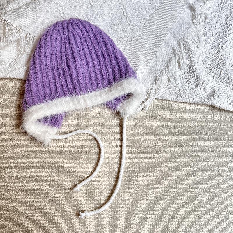 Children's Knitted Hat Simple Girl's Warm Pullover Hat Versatile Color Matching Woolen Hat  Strap Ear Protection Hat