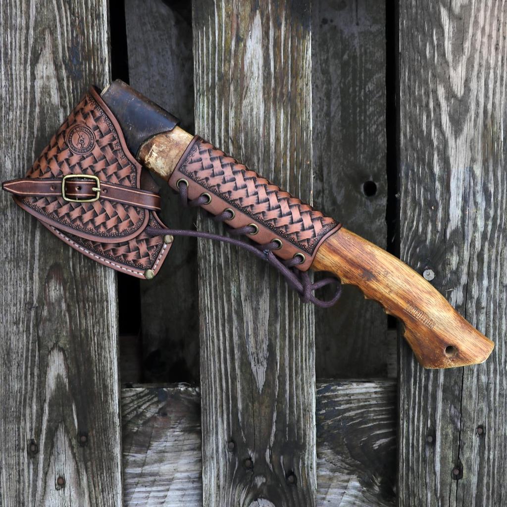 TOURBON Axe Cover and Sheath with Leather Hatchet Neck Guard Set for Camping and Splitting Firewood