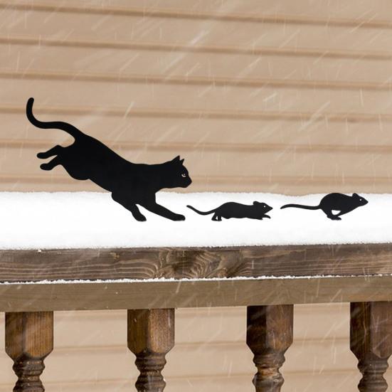 Kovová zahradní cedule s kočkou, snadná instalace, ozdoba s kočkou honící myš, černá kočka, silueta, dekorace na zahradě pro milovníky koček, zahradní plot