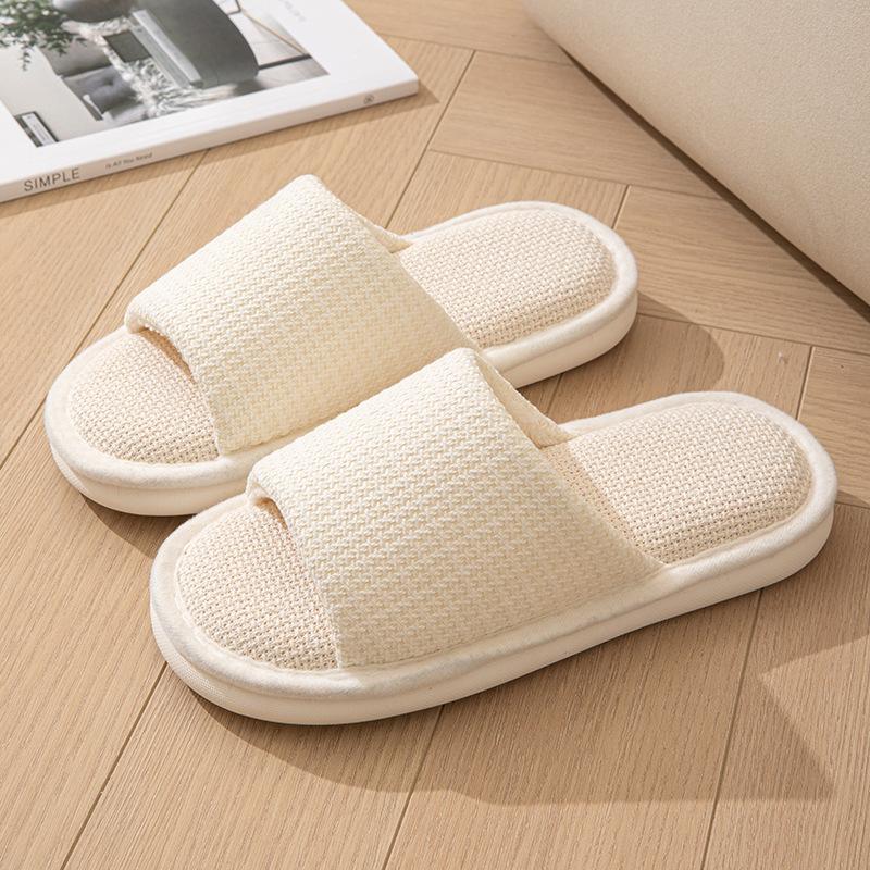 Elegant Hairy Slippers Small Perfume Style Linen Slippers Indoor Sandals Slippers Plaid Simple Fabric Cotton Slippers Female Home Shoes Slippers Pink
