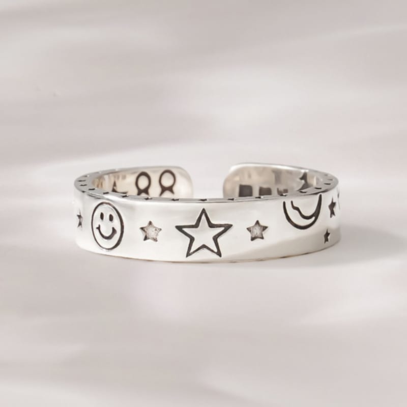 JEWNEL Silver925 Happy Smile Engraved Drawing Star Friendship Couple Open Ring Silver Ring