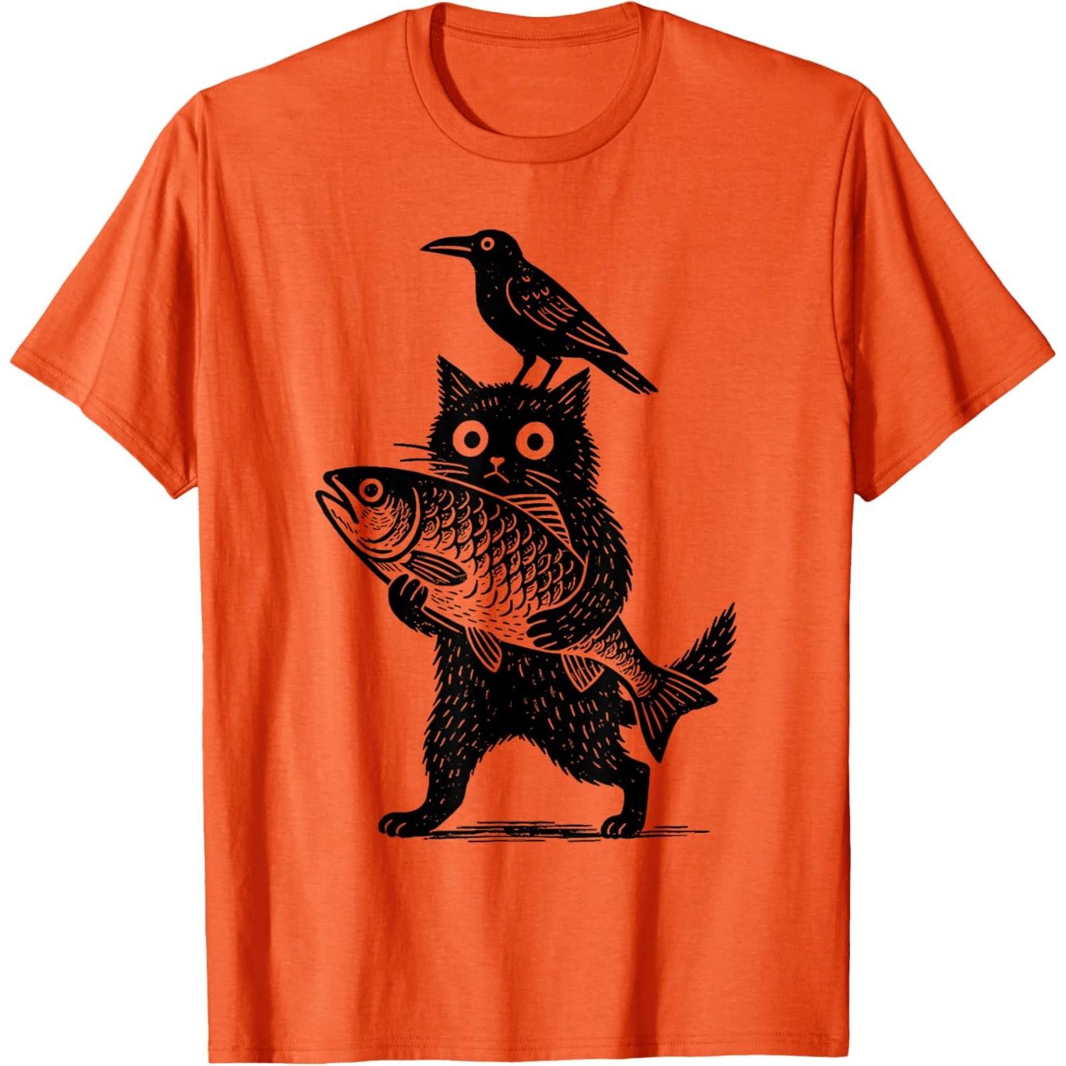 

Black Animals Funny Cat with Crow Catches Fish Japanese Art T-Shirt 4XL
