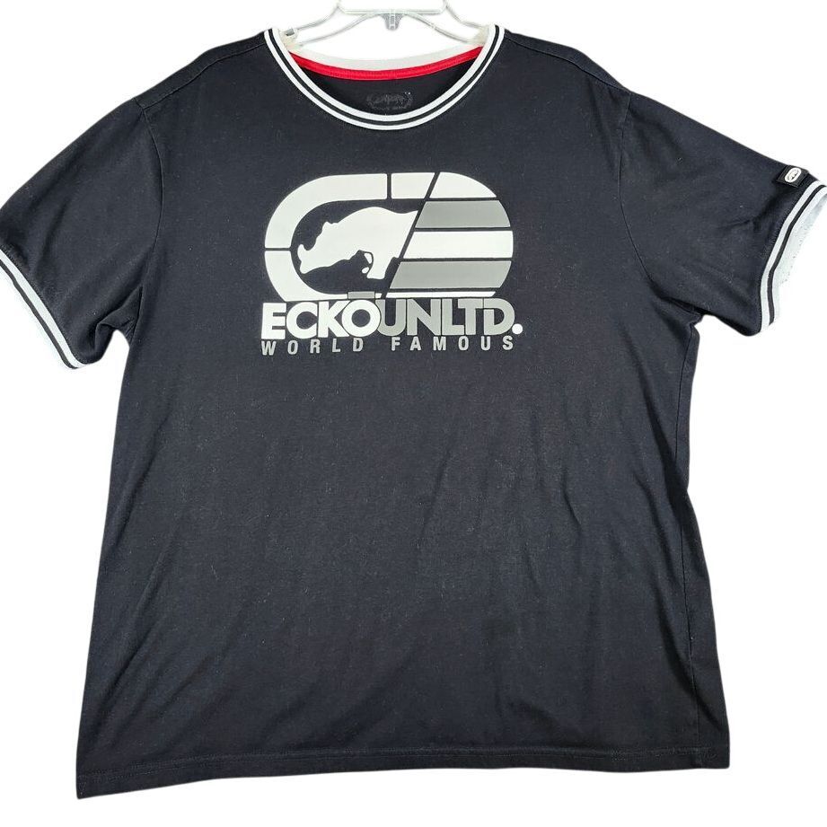 Ecko Unltd World Famous Logo Graphic Black White Striped Trim Streetwear Unisex T-Shirt M