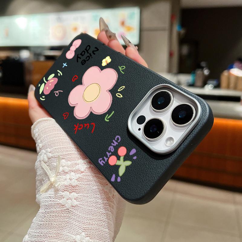 Cute Carton Flower Pattern Leather Texture Slim Soft Case For iPhone 16 Pro Max 15 14 Pro 13 12 11 Matte Lens Protection Shockproof TPU Phone Cover