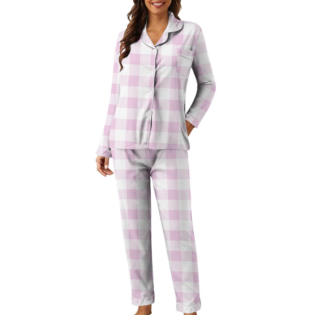 Women's Casual Fashion Plaid Patchwork Print Long-Sleeved Trousers Homewear Set