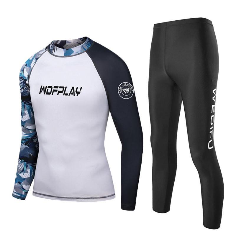 Herren UV-Schutz Rash Guard Set Langarm Oberteil Hose Schnelltrocknend Neoprenanzug Surfen Tauchen Schwimmen