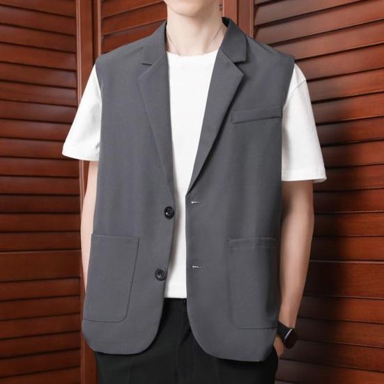 Men Suit Vest Lapel Sleeveless Two-Button Business Waistcoat Pockets with Side Placket Solid Color Casual Vest Coat
