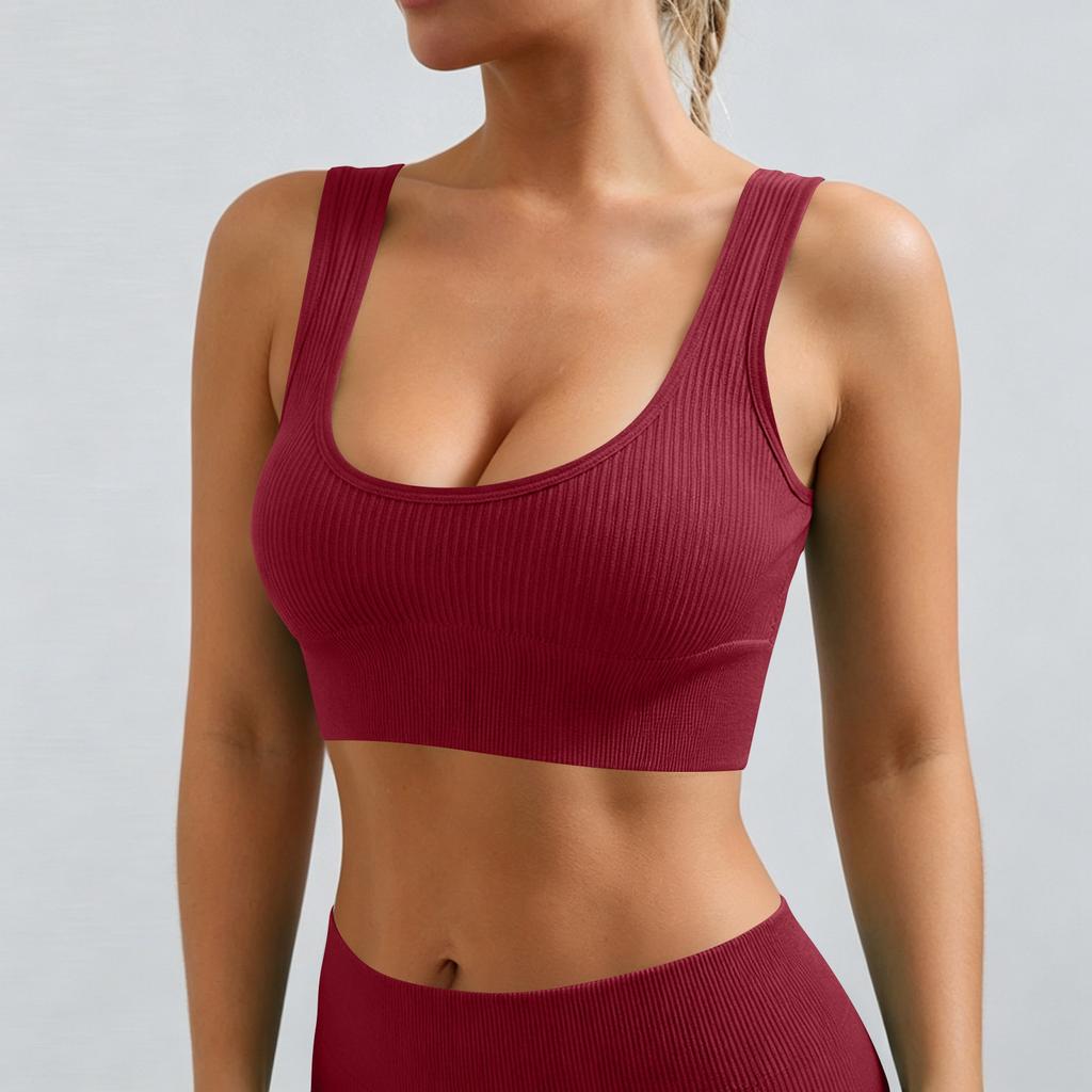 Women’s Ribbed Seamless Sports Bra Scoop Neck Wireless Stretchy Fitness Crop Top for Yoga Pilates Gym Workout