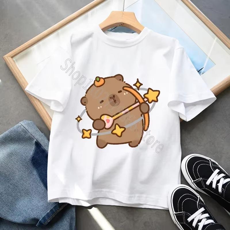 Capybara Cartoon Character Print Tops Cool Comfortable Shirts Birthday Party Gifts Boys Girls Cotton T-shirt Cute Short Sleeves