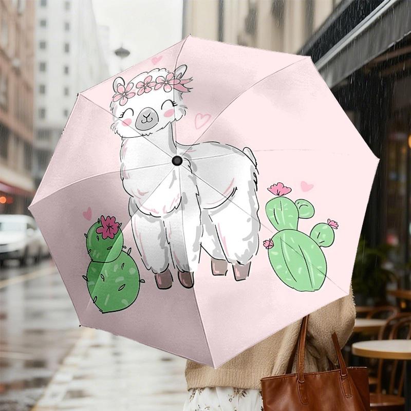 1pc Llama Cactus Automatic Folding Umbrella 8 Rib Iron Frame, Compact Portable Umbrella Suitable for Travel, Daily Use, Birthday, Women & Men Gift 016