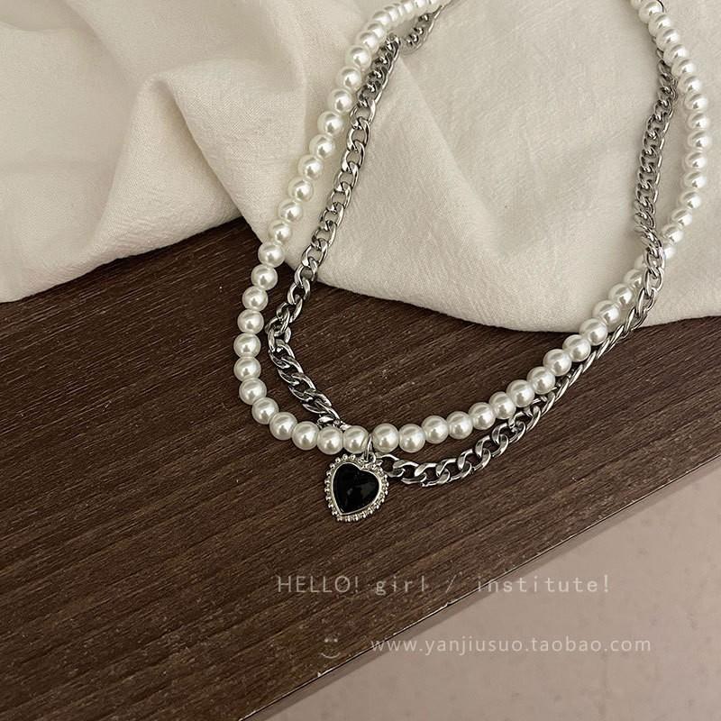 Black love double stacked necklace ins hip hop cold wind retro pearl collarbone chain 2025 new