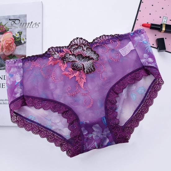 Underpants Women Panties Rose Embroidery Flower Print Mid Waist Stretch Briefs See-through Lace Sexy Ladies Underwear Daily Wear