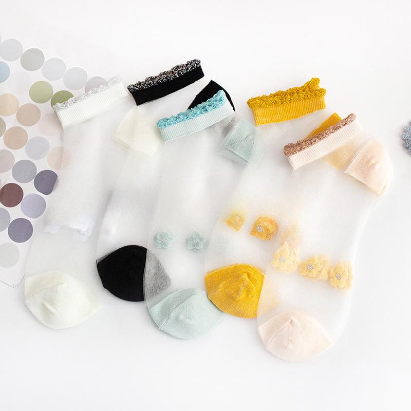 10 Pairs of Women's Summer Thin Silver Lace Small Flower Mesh Transparent Shallow Mouth Invisible Boat Socks