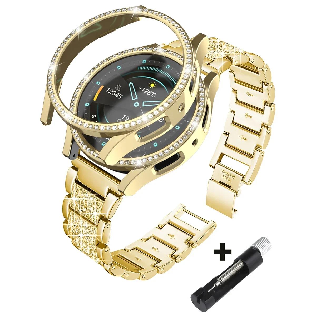 

Металевий Ремінець+Корпус для Samsung Galaxy Watch7 6 5 4 40мм 44мм Ремінець Жіночий Нержавіюча Сталь Алмазний Браслет & Захисний Бампер Аксесуар Galaxy watch 5Pro 45 золотий
