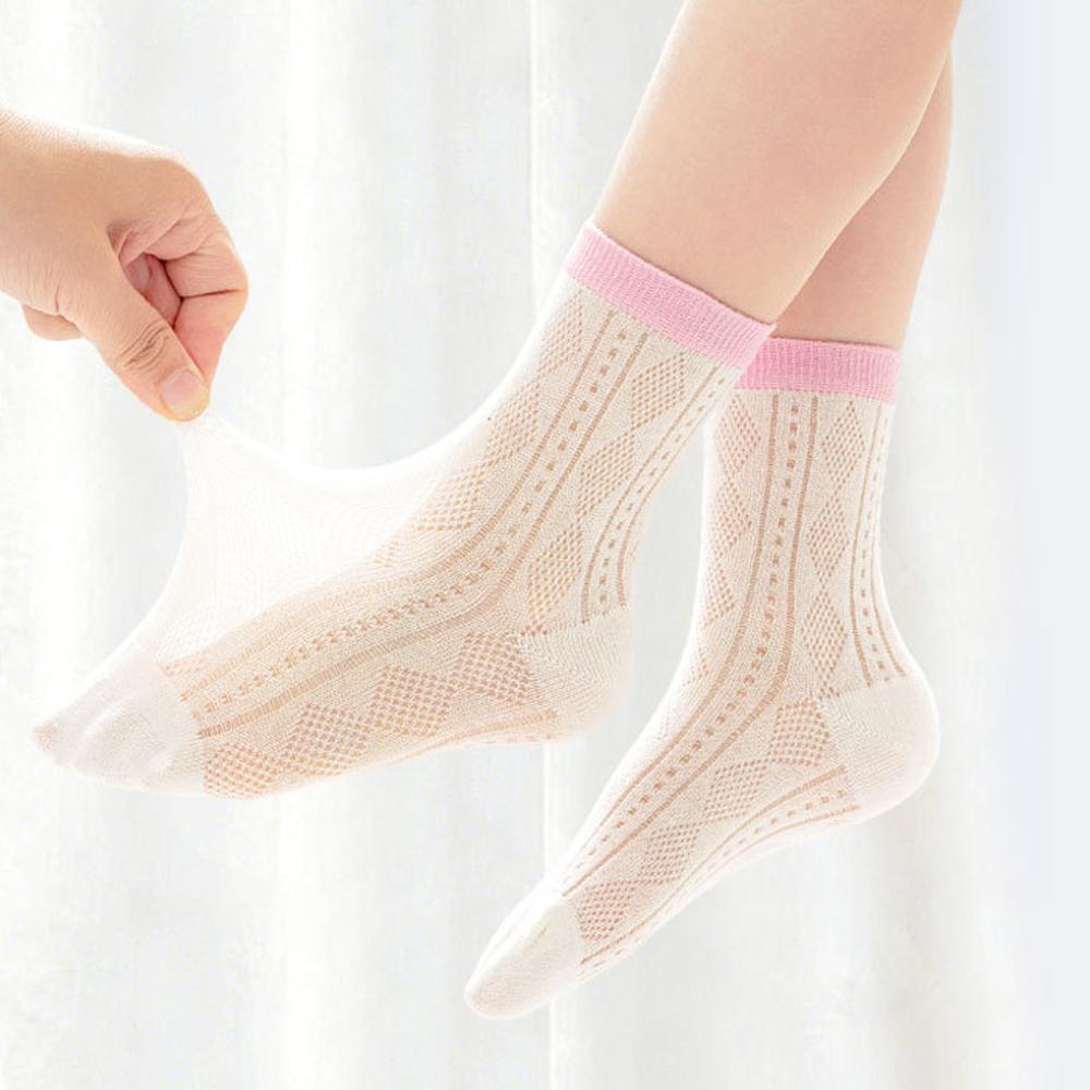 5 Pairs Girls Summer Mesh Breathable Cotton Socks Cute Candy Hollow Out Mid Calf Children Casual Socks
