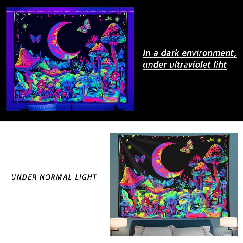 1pc UV reactive mushroom tapestry, plant flower starry sky tapestry, moon phase butterfly neon light effect tapestry