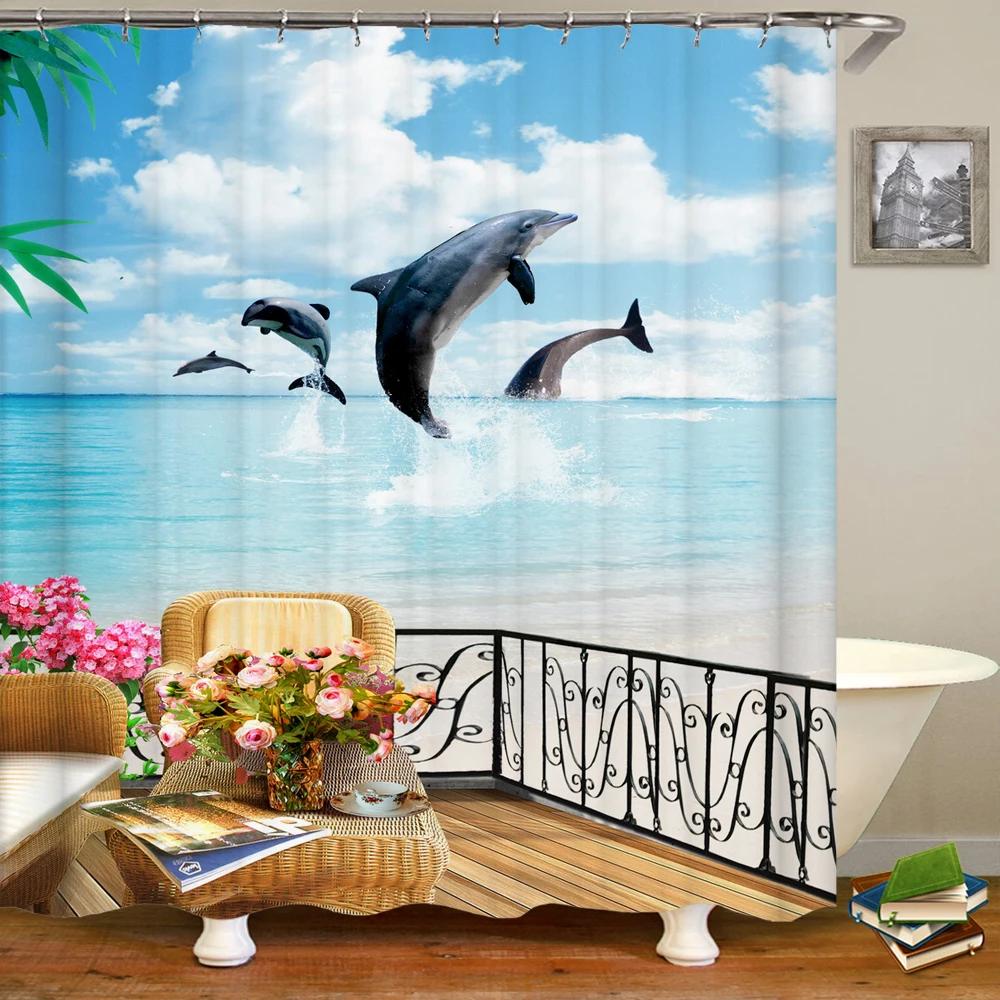 3D Window Opening Scenery Beach Landscape Printing Shower Curtain Washable Fabric Curtain Bathroom Decoration with Hook Curtain