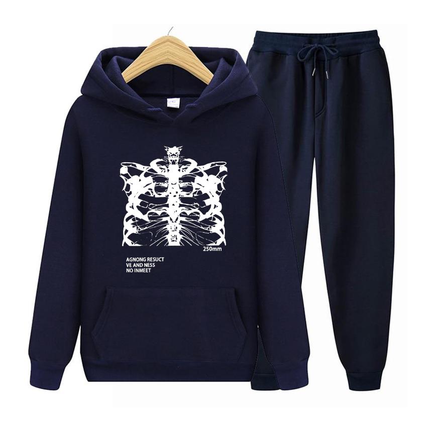 Women Long Sleeve Hoodie Set Pocket Long Sleeve Streetwear Blsack Skeleton Print Grunge Gothic Oversized Hoodie