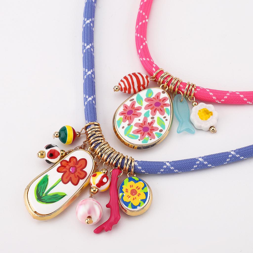Cord Multi Enamel Pendant Necklace Women Boho Ethnic Statement Collar Jewelry Accessory